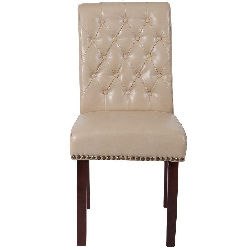 Beige Leather Parsons Side Chair Set with Walnut Legs