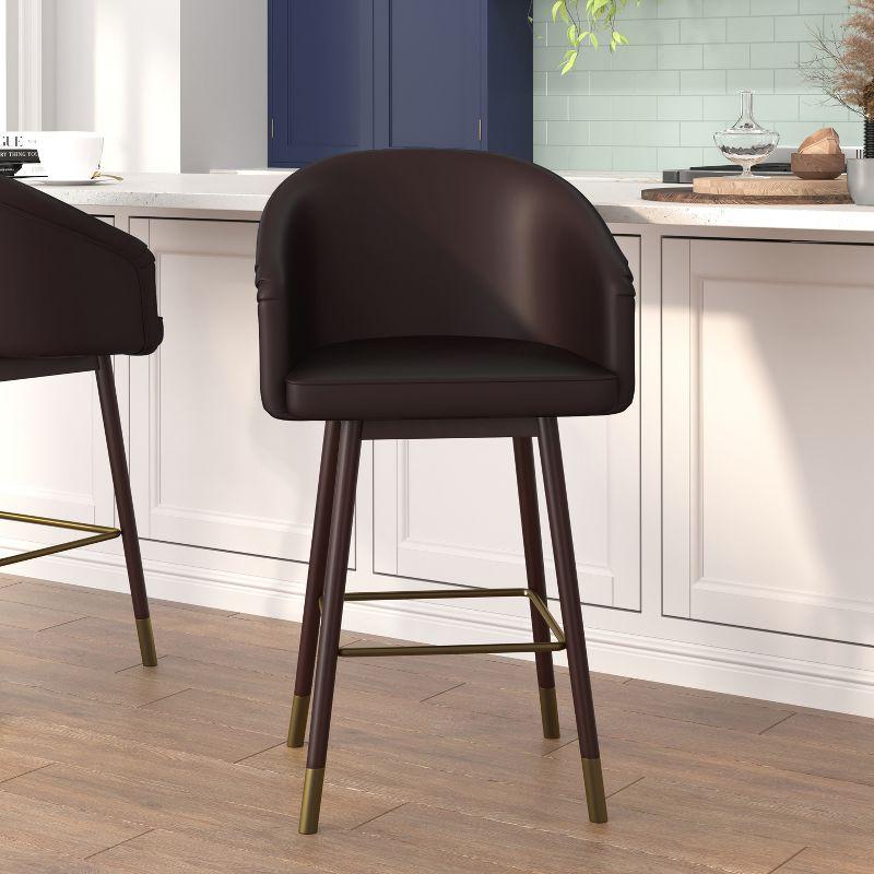 Walnut Finish Mid-Back Barstool with Brown LeatherSoft and Bronze Accents