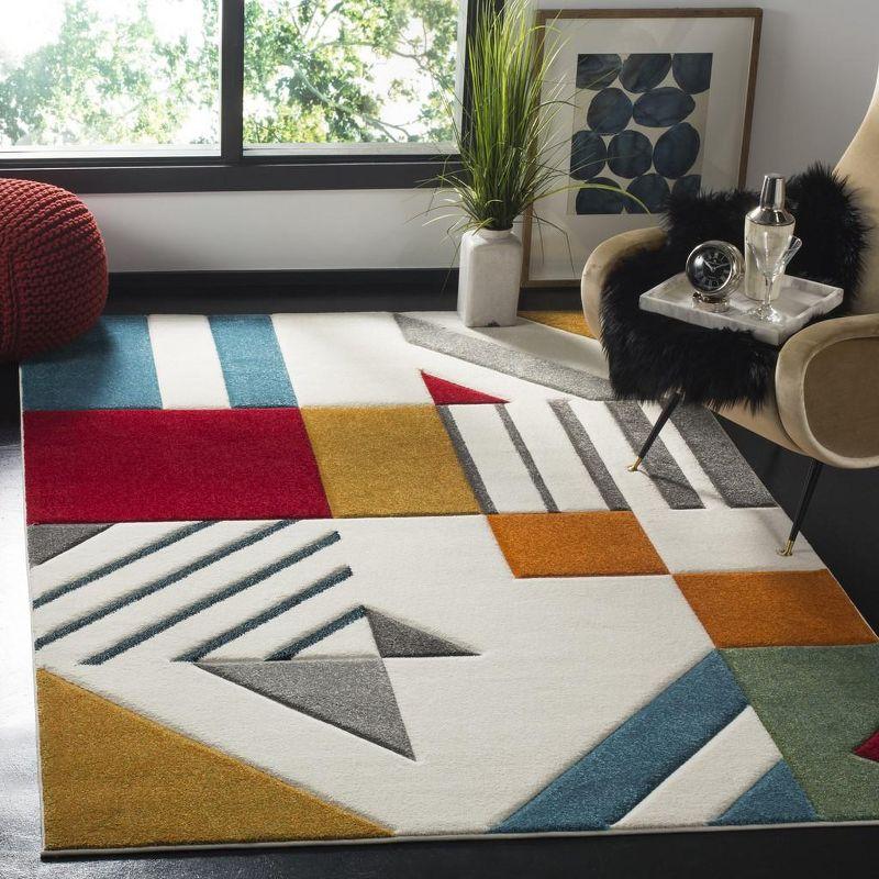 Ivory and Peacock Blue Geometric Mid-Century Modern Area Rug