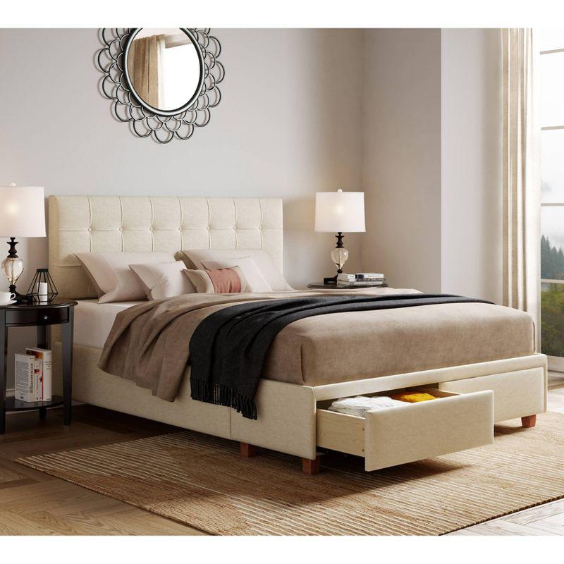 Edmond Queen-Size Cream Tufted Upholstered Platform Bed with Storage