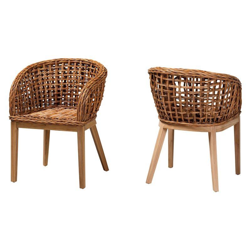 bali & pari Mario Modern Bohemian Natural Brown Finished Teak Wood and Rattan 2-Piece Dining Chair Set