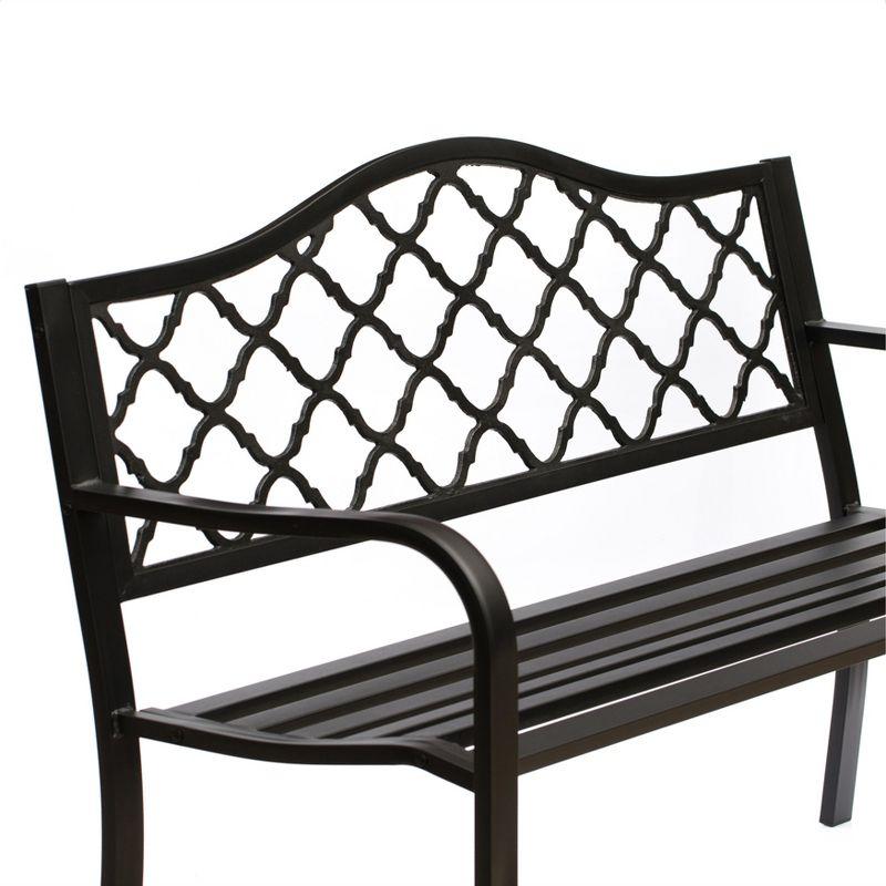 Gardenised Outdoor Garden Patio Steel Park Bench Lawn Decor with Cast Iron Back, Black Seating bench for Yard, Patio, Garden and Deck