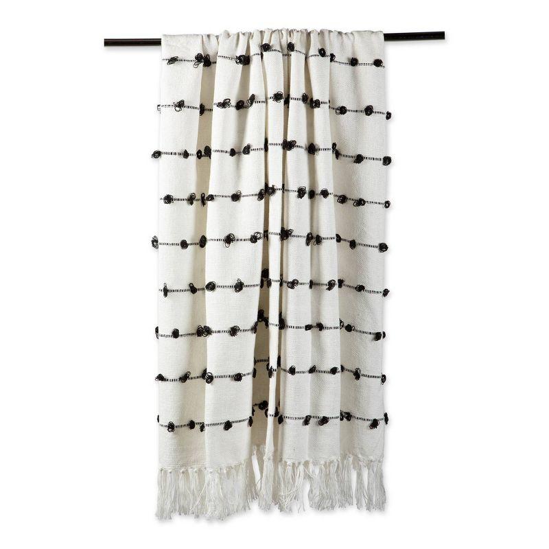 Off-White Cotton Woven Throw Blanket with Fringe