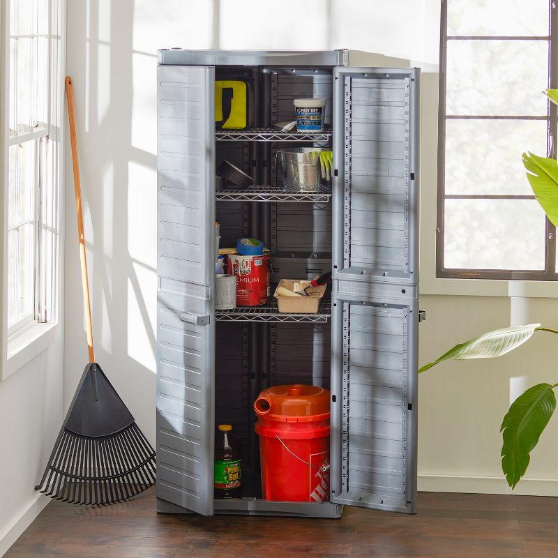 Sleek Gray Freestanding Lockable Utility Cabinet with Adjustable Metal Shelves