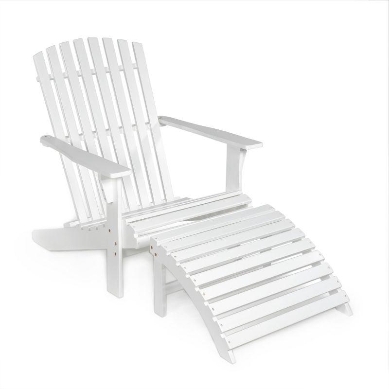 Saranac 2-Piece Traditional Rustic Acacia Wood Adirondack Chair with Detachable Ottoman, White - JONATHAN Y