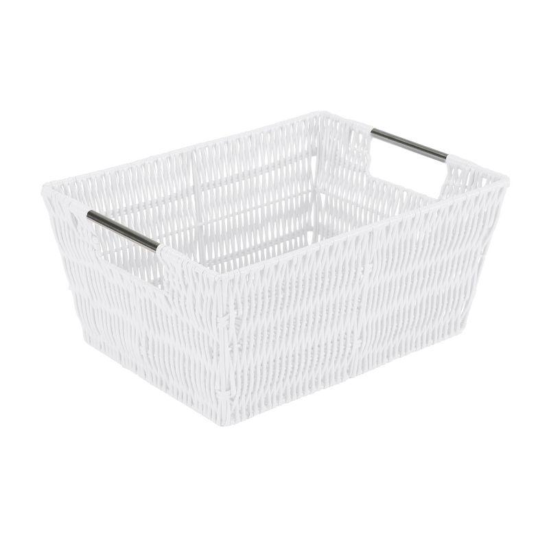 White Rectangular Rattan Storage Baskets with Iron Handles, Set of 3