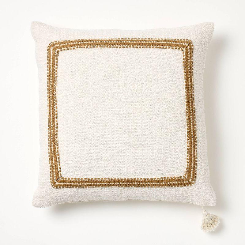 Embroidered Frame Square Throw Pillow Cream/Dark Tan - Threshold™ designed with Studio McGee: Cotton Blend, Zipper Closure, Indoor Use