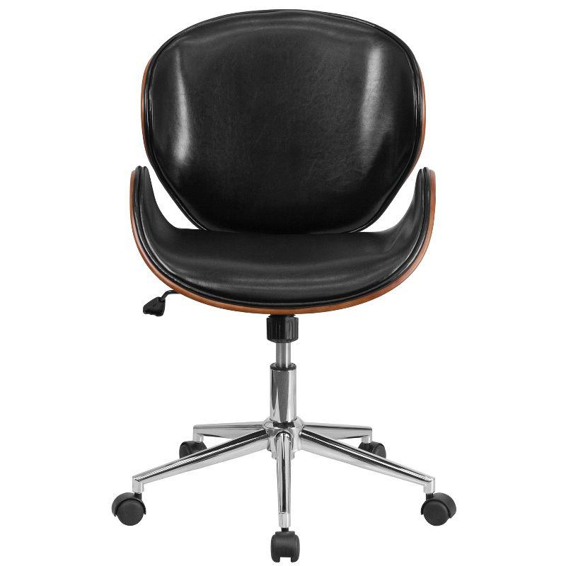 Walnut Frame Black Leather Mid-Back Executive Swivel Office Chair