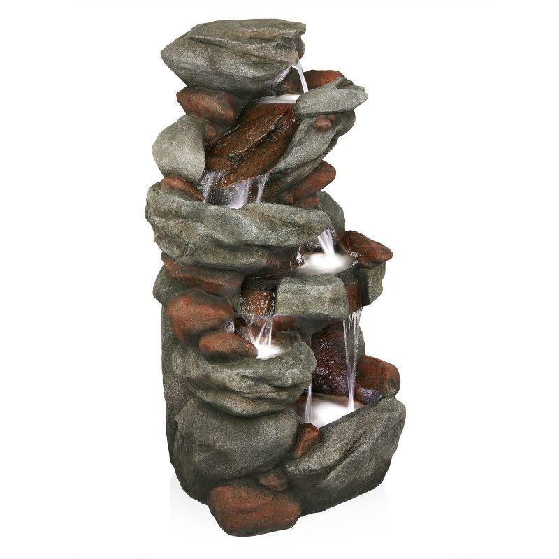 Gray Cascading Stone Outdoor Fountain with LED Lights, 53"