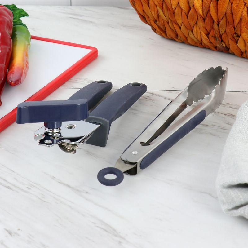 Navy Blue Stainless Steel Can Opener and Tongs Set