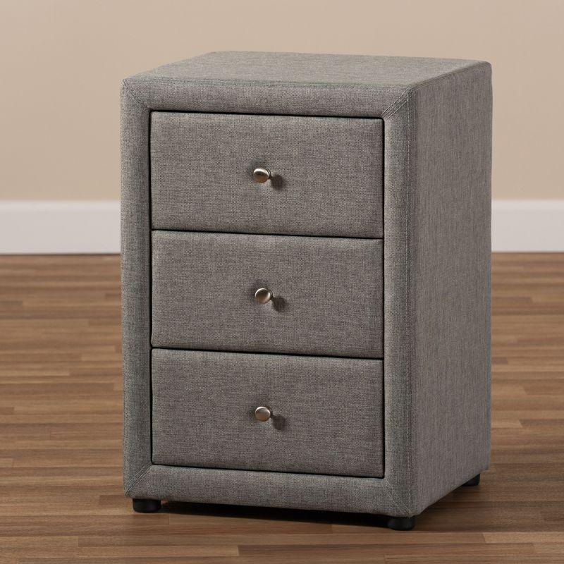 Contemporary Grey Fabric 3-Drawer Nightstand with Chrome Knobs