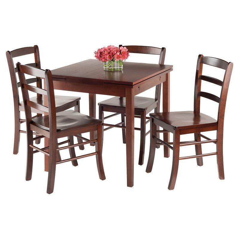 5pc Pulman Dining Set with Ladder Back Chairs Wood/Walnut - Winsome: Mid-Century Modern, Square Table, 4 Stools