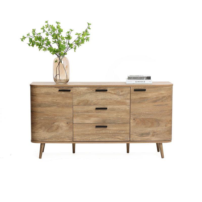 LuxenHome Sideboard Buffet Cabinet with Storage, 59'' Wide Natural Oak Manufactured Wood Accent Console Cabinet with 2-Door and 3-Drawer