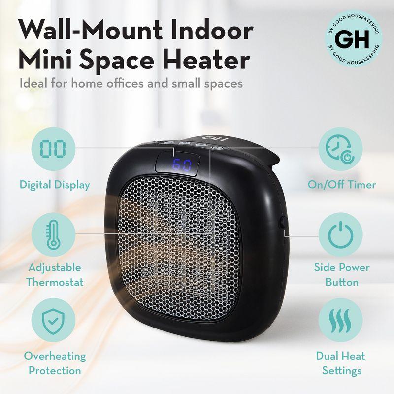 Good Housekeeping Wall-Mount Indoor Space Heater, Portable Electric Mini Heater w/ Adjustable Thermostat & Remote Control, 750W, Black