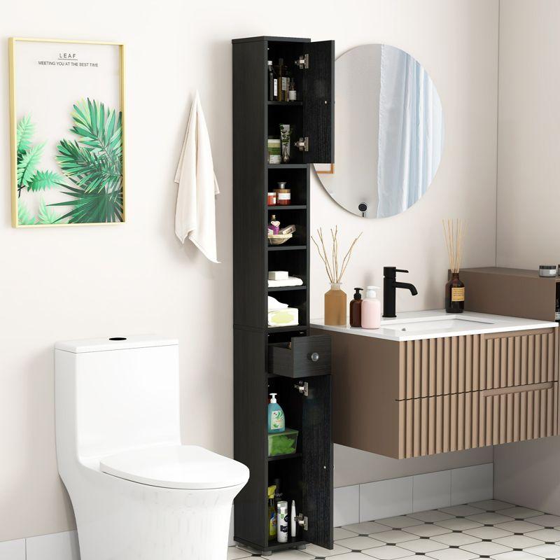 Tangkula Tall Slim Bathroom Storage Cabinet 71" Freestanding w/ 2 Doors 1 Drawer & 5 Adjustable Shelves Narrow Tower Cabinet for Small Spaces Black