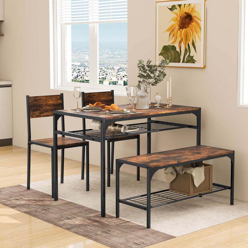 Costway Dining Table Set for 4 Rectangular Table with 2 Chairs, 1 Bench, Storage Racks Rustic Brown/Grey