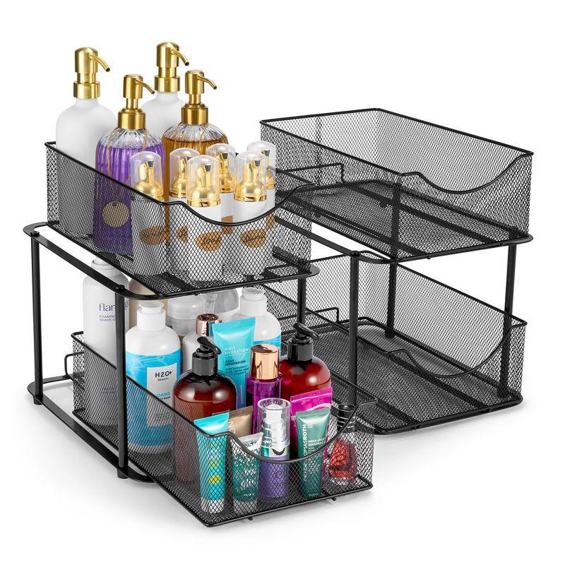 Sorbus 2 Pack 2 Tier Baskets with Mesh Sliding Drawers - Ideal Cabinet, Under the Sink, etc - Great for Bathroom, Kitchen, Office, etc. (Black)