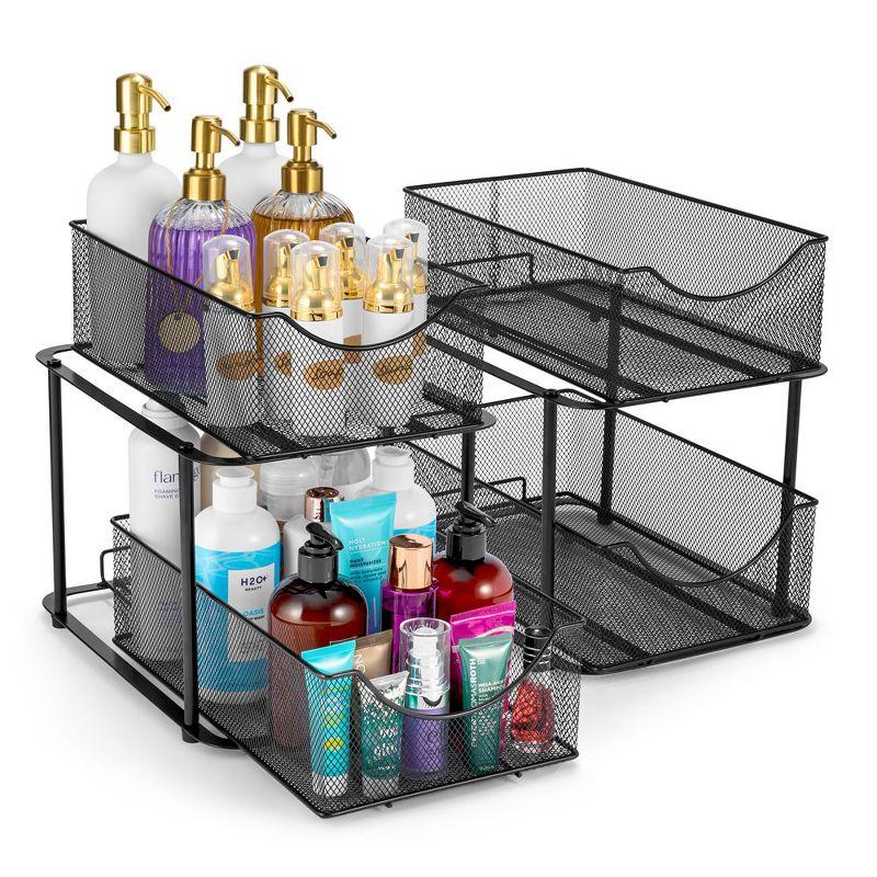 Black Steel 2-Tier Mesh Organizer Baskets with Sliding Drawers