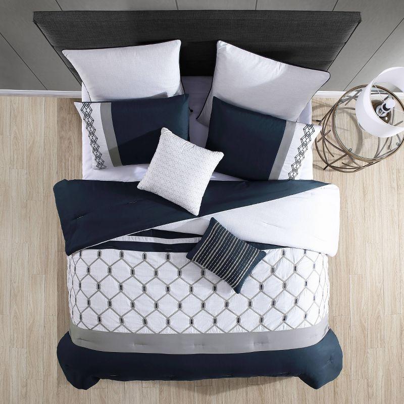 8pc Queen Ellison Embroidered Colorblock Comforter Bedding Set - Dark Teal: Microfiber, OEKO-TEX Certified, Includes Euro Shams & Bed Skirt