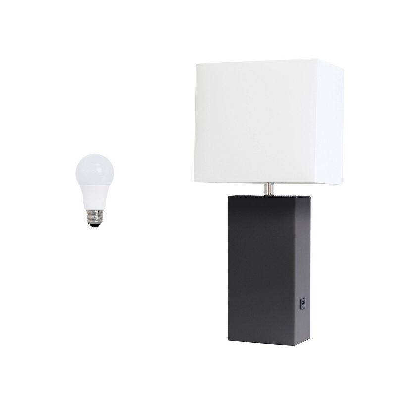 Lalia Home 21" Lexington Leather Base Modern Home Decor Bedside Table Lamp with USB Charging Port and Fabric Shade Black/White: UL Listed