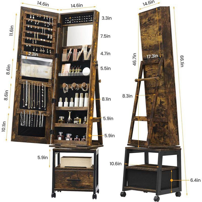 Garvee 360¡ã Swivel Jewelry Armoire, 66" H Floor Standing Locking with Full Length Mirror, Inside Makeup Mirror, Rear Storage Shelves, Brown