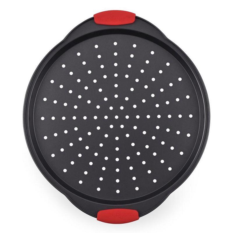 Round Black Non-Stick Pizza Tray with Red Silicone Handles