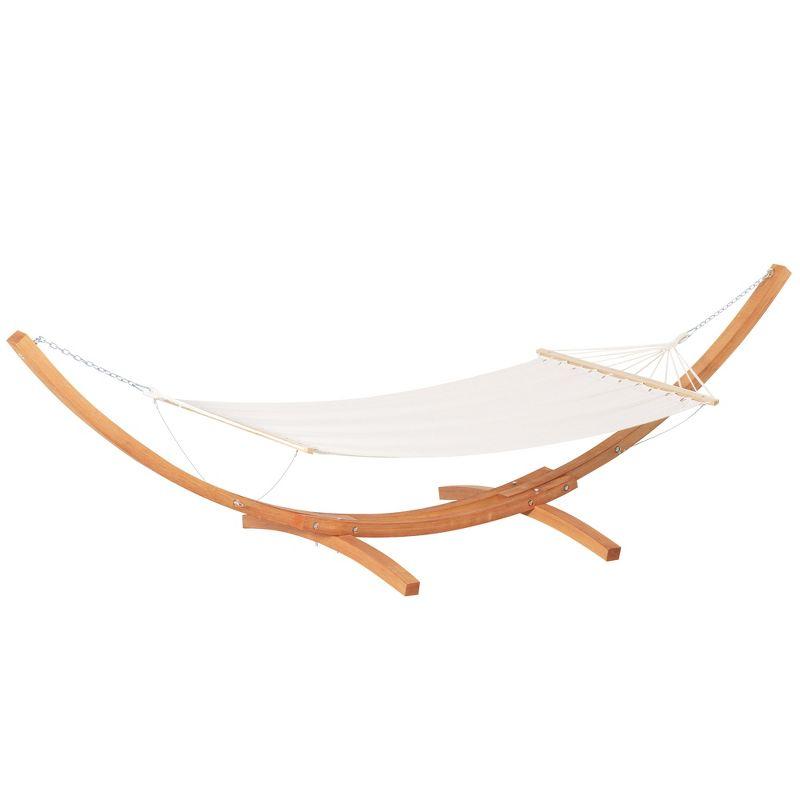 Outsunny Outdoor Hammock with Stand, Extra Large Heavy Duty Wooden Frame, No Tree Needed, 12.8' Indoor Outside Boho Nap Bed, Natural Cotton, White