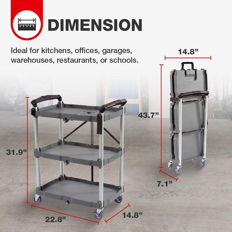 Elevon Gray Aluminum 3-Tier Collapsible Utility Cart with Swivel Wheels