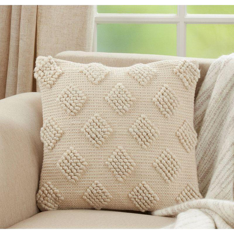 18"x18" Diamond Design with Pom-Poms Square Throw Pillow Cover Ivory - Saro Lifestyle: Bohemian Style, Zippered, Polyester & Cotton Blend