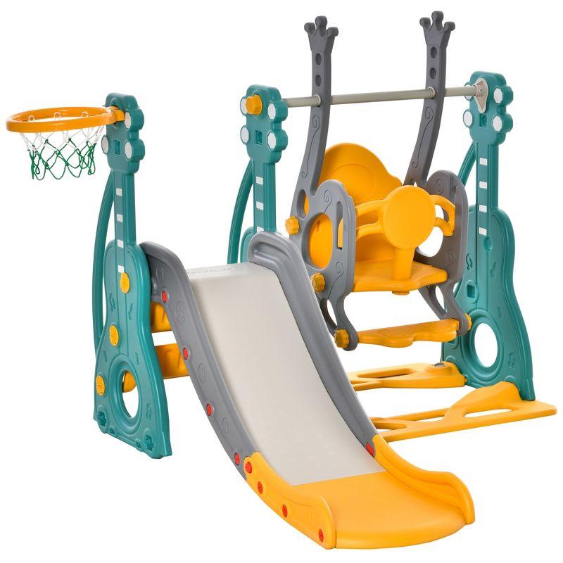 Qaba 4-in-1 Toddler Swing and Slide Set with Basketball Hoop and Adjustable Seat Height, Kids Play Climber Slide Playset, Ages 1.5-3