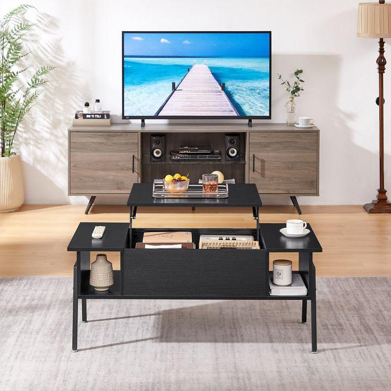 VECELO 42 Inch Lift Top Coffee Table with Metal Legs, Rising Center Table w/Hidden Compartment and 2 Storage Shelves, Black