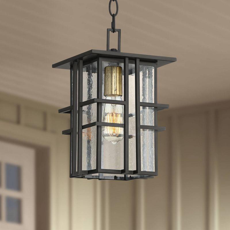 Black Geometric Frame Outdoor Hanging Light with Seedy Glass