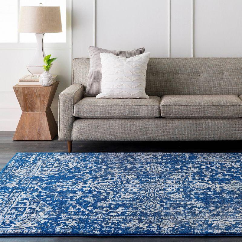 Navy Blue Floral Motif Rectangular Synthetic Area Rug 8' x 10'