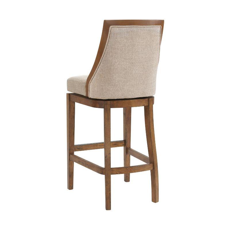 Alaterre Ellie Bar Height Stool, Back, Swivel Seat, Brown, Upholstered Padded Seat, Rubberwood Frame, Steel Memory Return Mechanism, Dimensions 19 in. W x 22 in. D x 46 in. H, Footrest, Metal Kick Plate