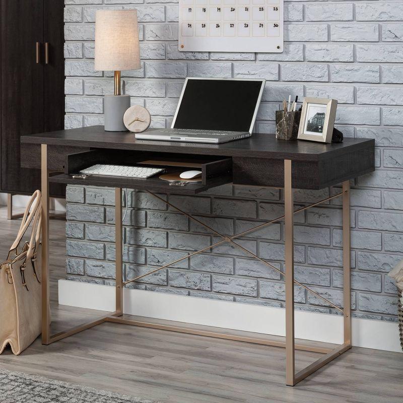 Blade Walnut Writing Desk with Gold Metal Frame and Drawer