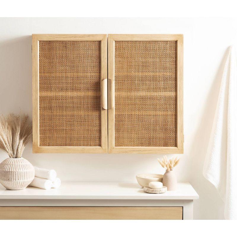 Natural Rattan and Wood Wall Cabinet with Shelves