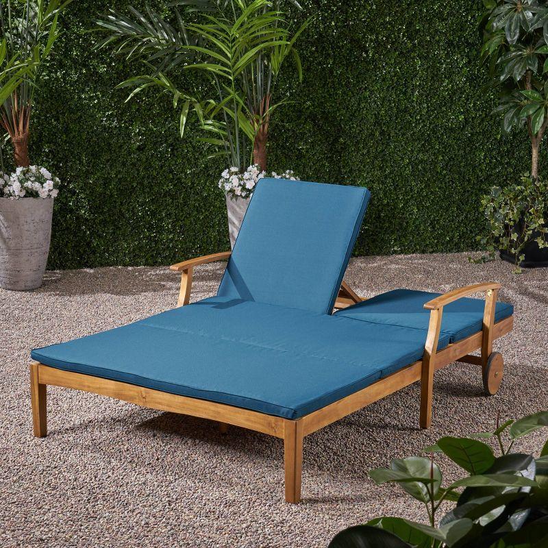 Perla Acacia Wood Double Chaise Lounge Teak/Blue - Christopher Knight Home