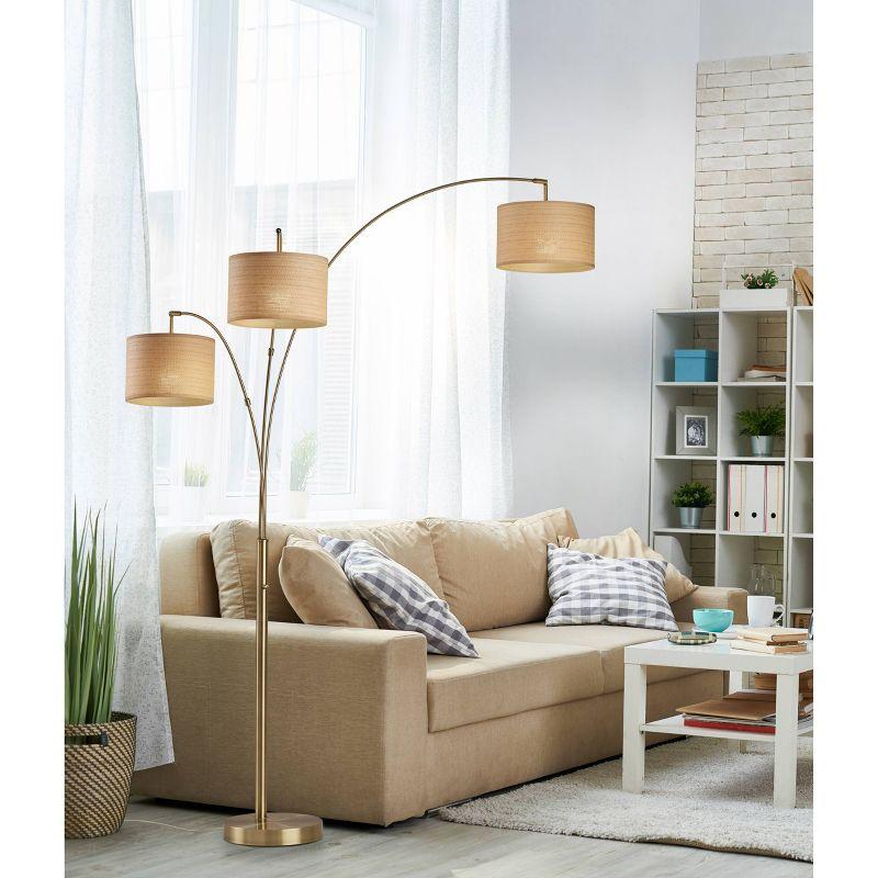 Gold Adjustable 3-Arm Arc Floor Lamp with Woven Shades