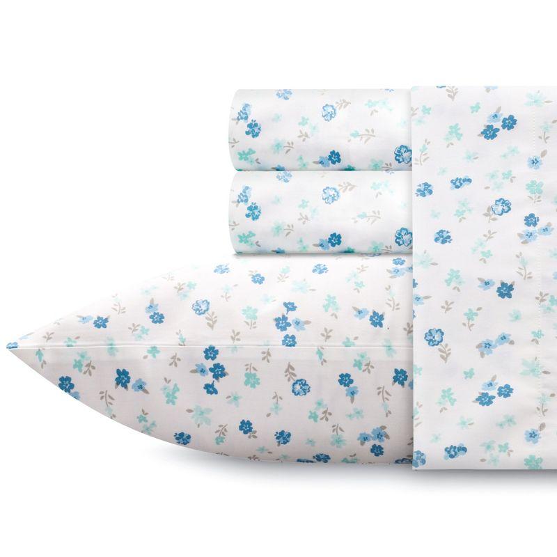 California King Blue Floral Cotton Sheet Set