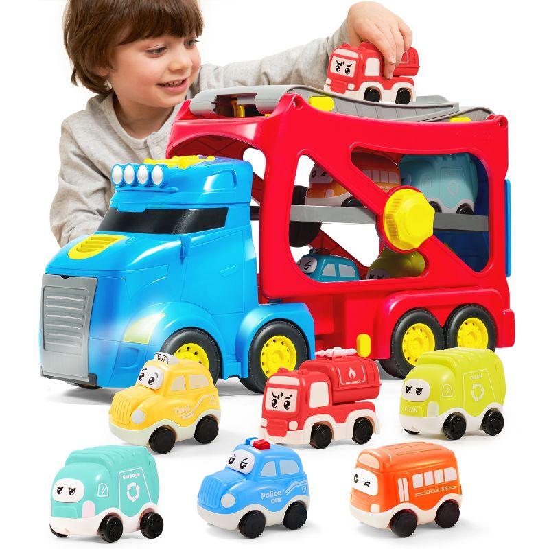 Joyfy 7-in-1 Extra Large City Truck Toys, 17” Big Transport Carrier Truck with Sounds and Lights, Easter Birthday Gifts for Boys Girls 3+ Years Old