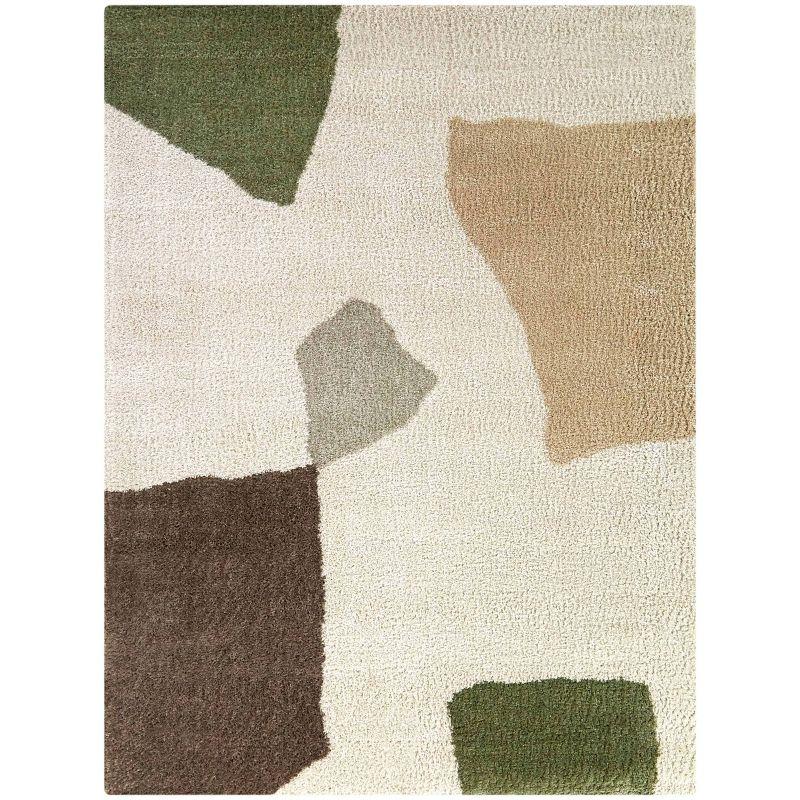 Cream and Green Abstract Stain-Resistant Synthetic Area Rug