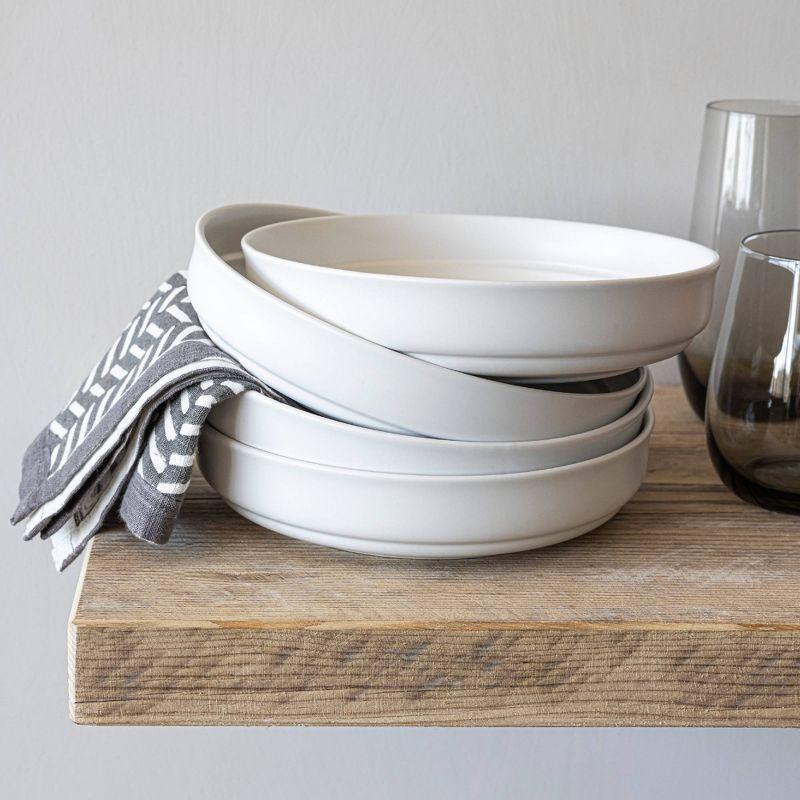 over&back Set of 4 32oz Rimmed Hand-Finished Stoneware Dinner Bowls Semi-Matte White: Microwave & Dishwasher Safe