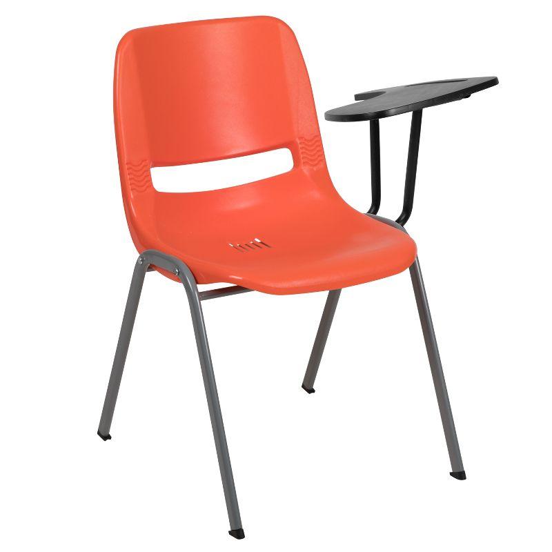 Compact Orange Ergonomic Shell Chair with Flip-Up Tablet Arm