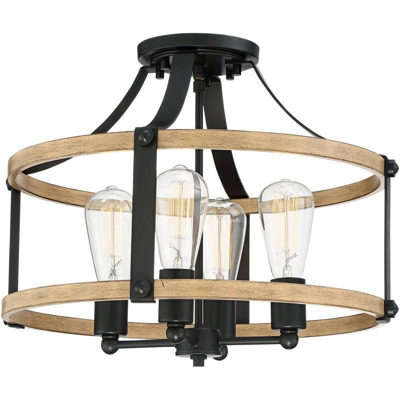 Franklin Iron Works Buford Rustic Farmhouse Ceiling Light Semi Flush Mount Fixture 18" Wide Faux Wood Black 4-Light for Bedroom Kitchen Living Room