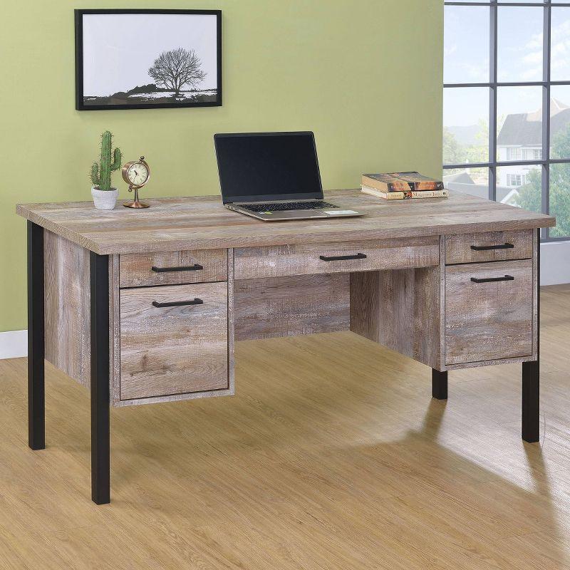 Transitional Weathered Oak Home Office Desk with Black Metal Frame and Storage