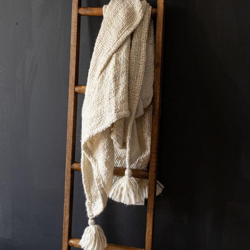 Handwoven Cream Polyester Throw Blanket with Tassels