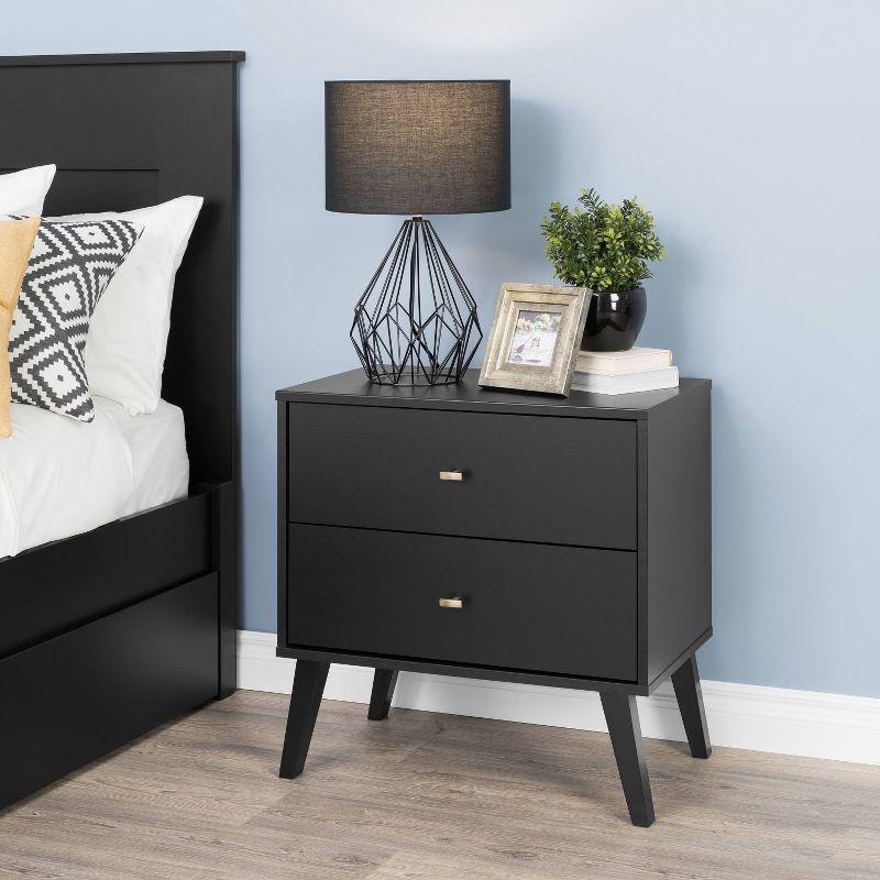 Mid Century Modern 2 Drawer Wide Nightstand Black - Prepac: Sleek Bedside Furniture, Tapered Legs