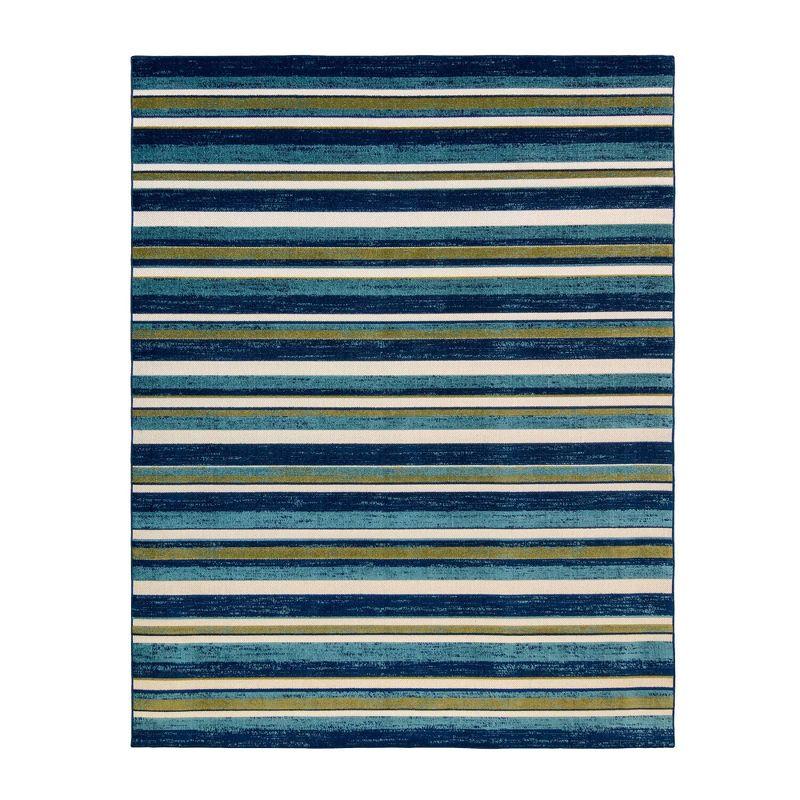 Blue and Green Striped Synthetic 5' x 7' Indoor/Outdoor Rug