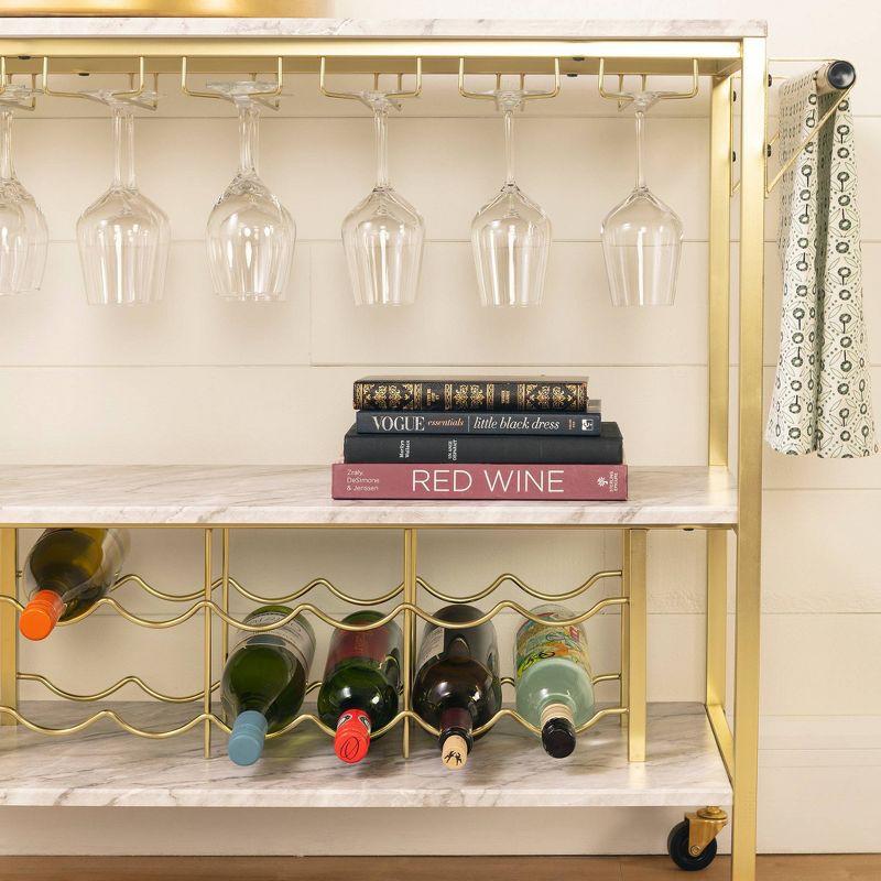 Glam Marble-Top Gold Metal Bar Cart with Wine Glass Storage