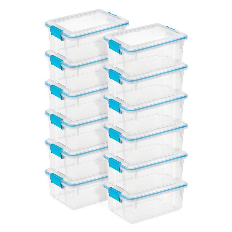 Sterilite 12 Qt Gasket Box, Stackable Storage Bin with Latching Lid and Tight Seal Plastic Container to Organize Basement, Clear Base and Lid, 12-Pack